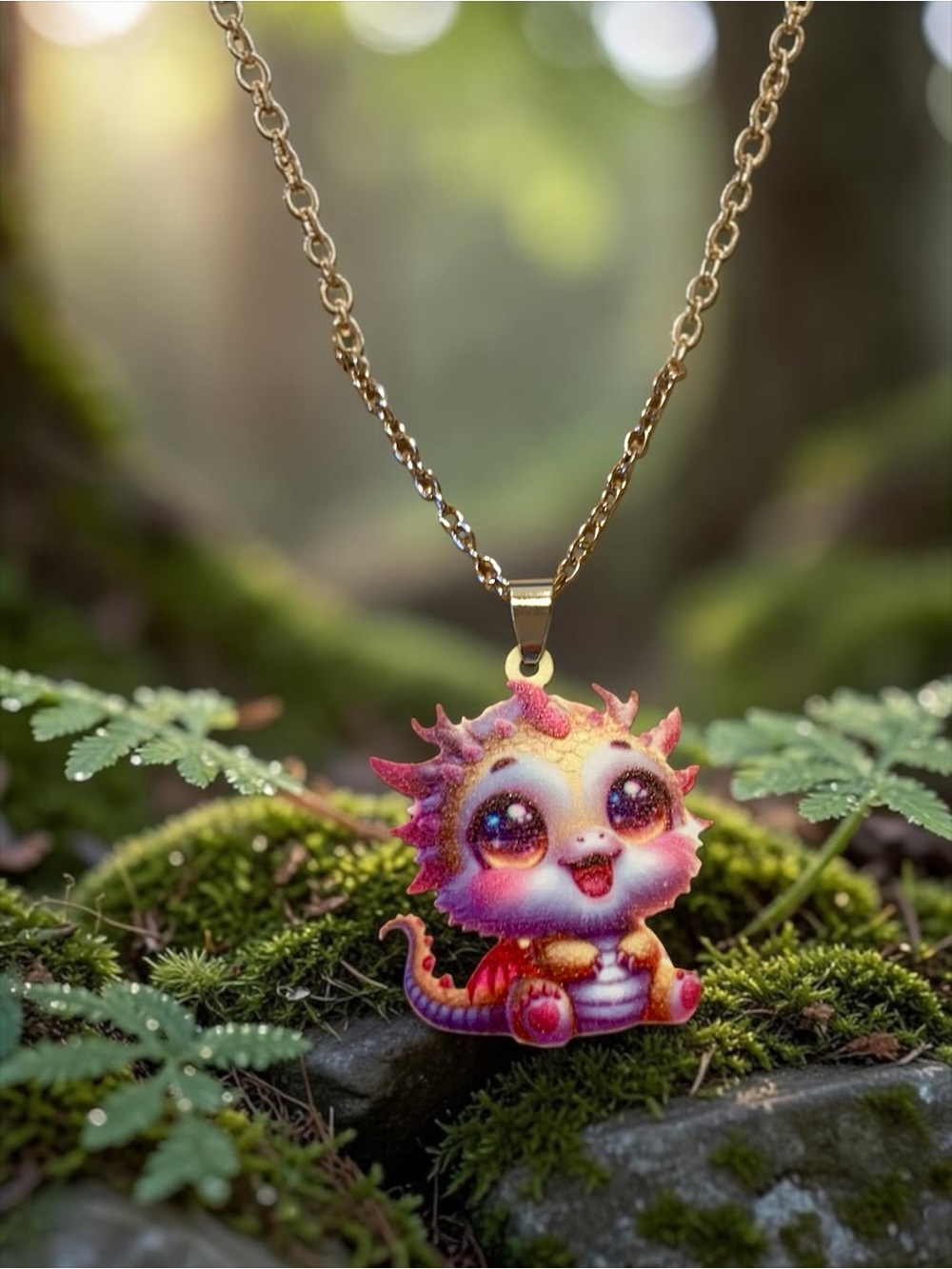 Kids Cute Dragon Necklace - Pink & Gold Pendant Silver chain